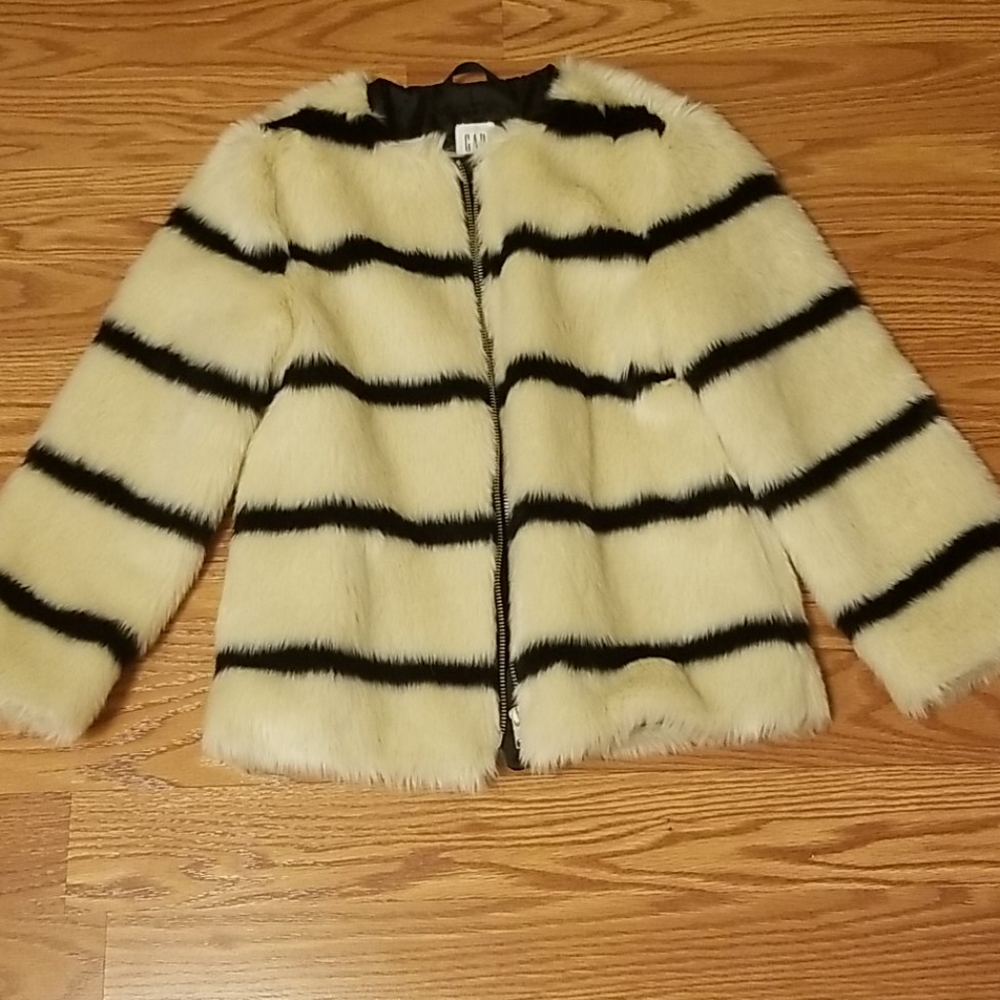 GAP Cream Faux Fur Jacket with Black Stripes
